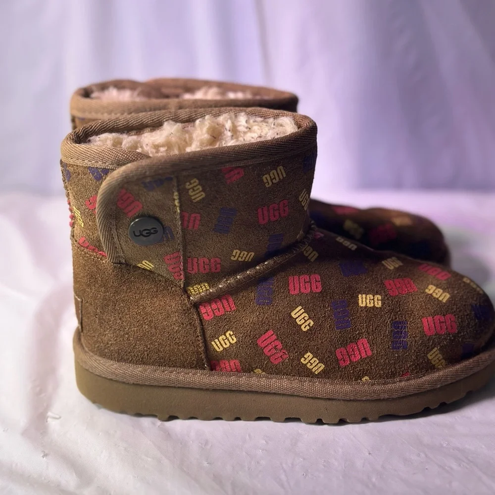 UGG Chestnut Mini Boot with Red, Purple & Gold Logo Print